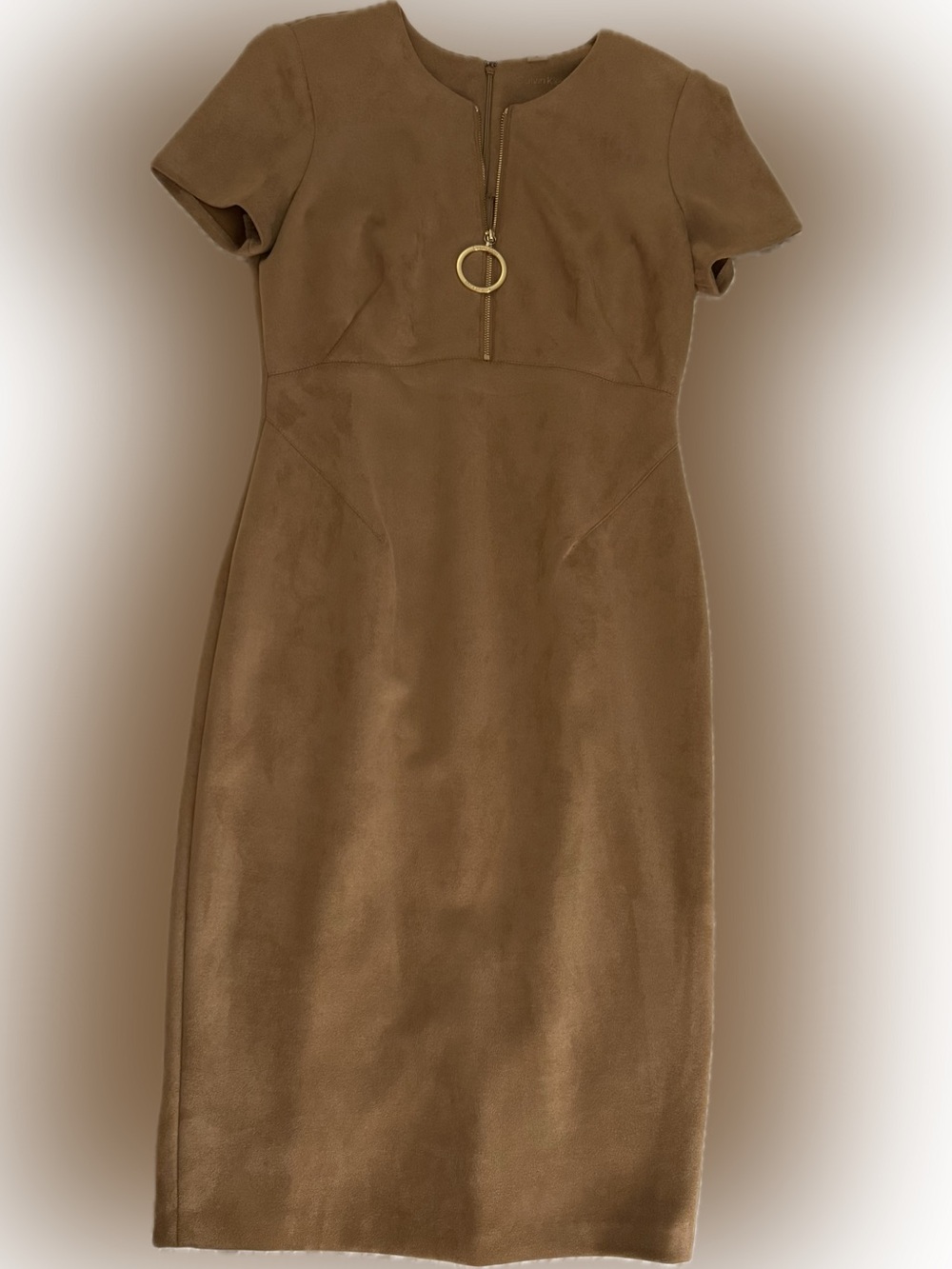 💥Calvin Klein Faux Suede Midi Dress with Gold O-Ring Pull Zip  NWOT